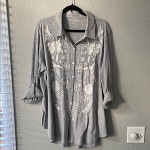 Gray Embroidered Button-Up Shirt